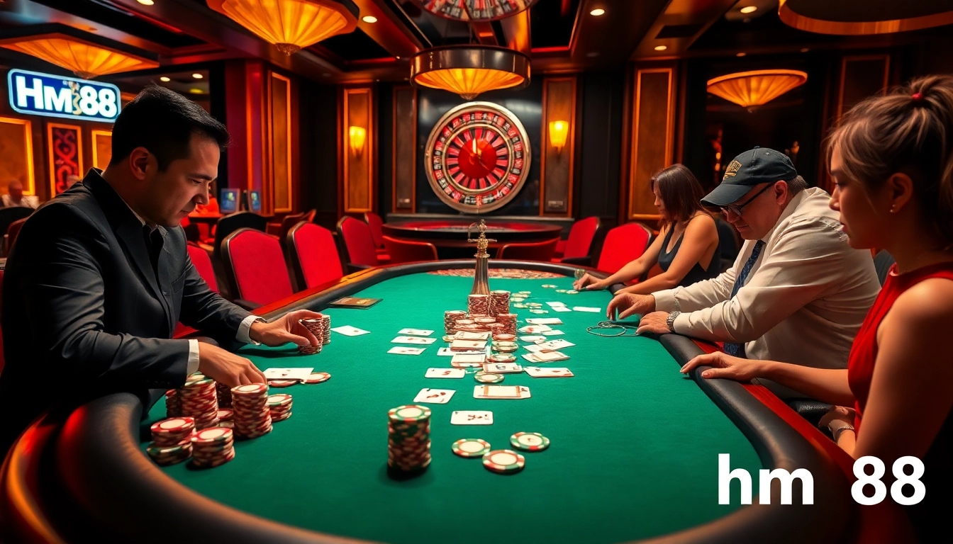 Players engaging in high-stakes poker at a luxurious casino table, showcasing hm88 chips and cards.