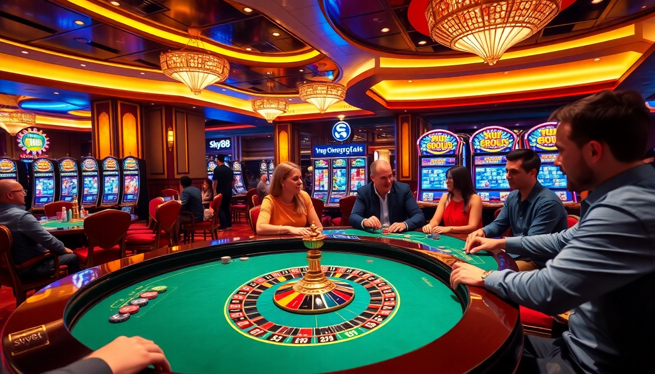 Exciting gaming action at Sky88 casino, featuring roulette and poker players in a vibrant atmosphere.