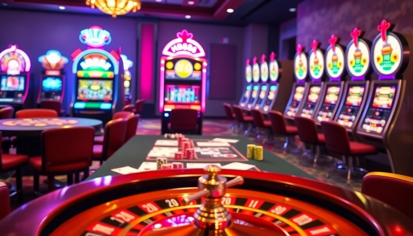 Experience the excitement of HB88 in a captivating casino scene featuring vibrant slot machines and poker tables.