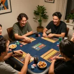 Lô Đề gaming night with friends around a table, excitement of winning numbers.
