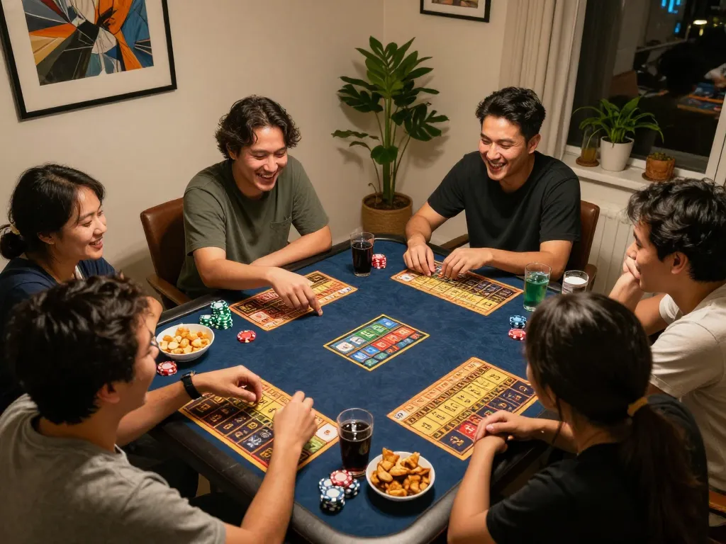 Lô Đề gaming night with friends around a table, excitement of winning numbers.