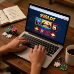 Engaging online gambling session at home, featuring 92SLOT interface, poker chips, and betting strategies.
