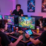 Engaged gamers enjoying the excitement of tải game 789club with vibrant gaming setup and dynamic atmosphere.