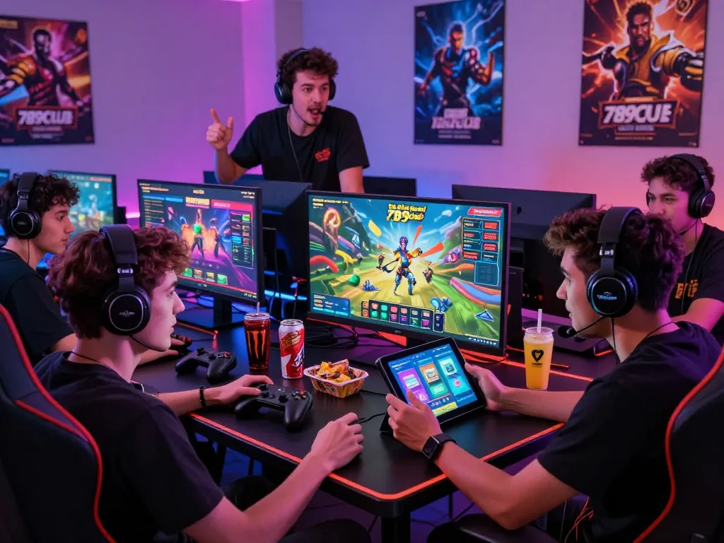 Engaged gamers enjoying the excitement of tải game 789club with vibrant gaming setup and dynamic atmosphere.