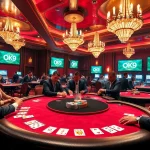 Players strategizing at an OK9-themed poker table in a luxurious casino setting.