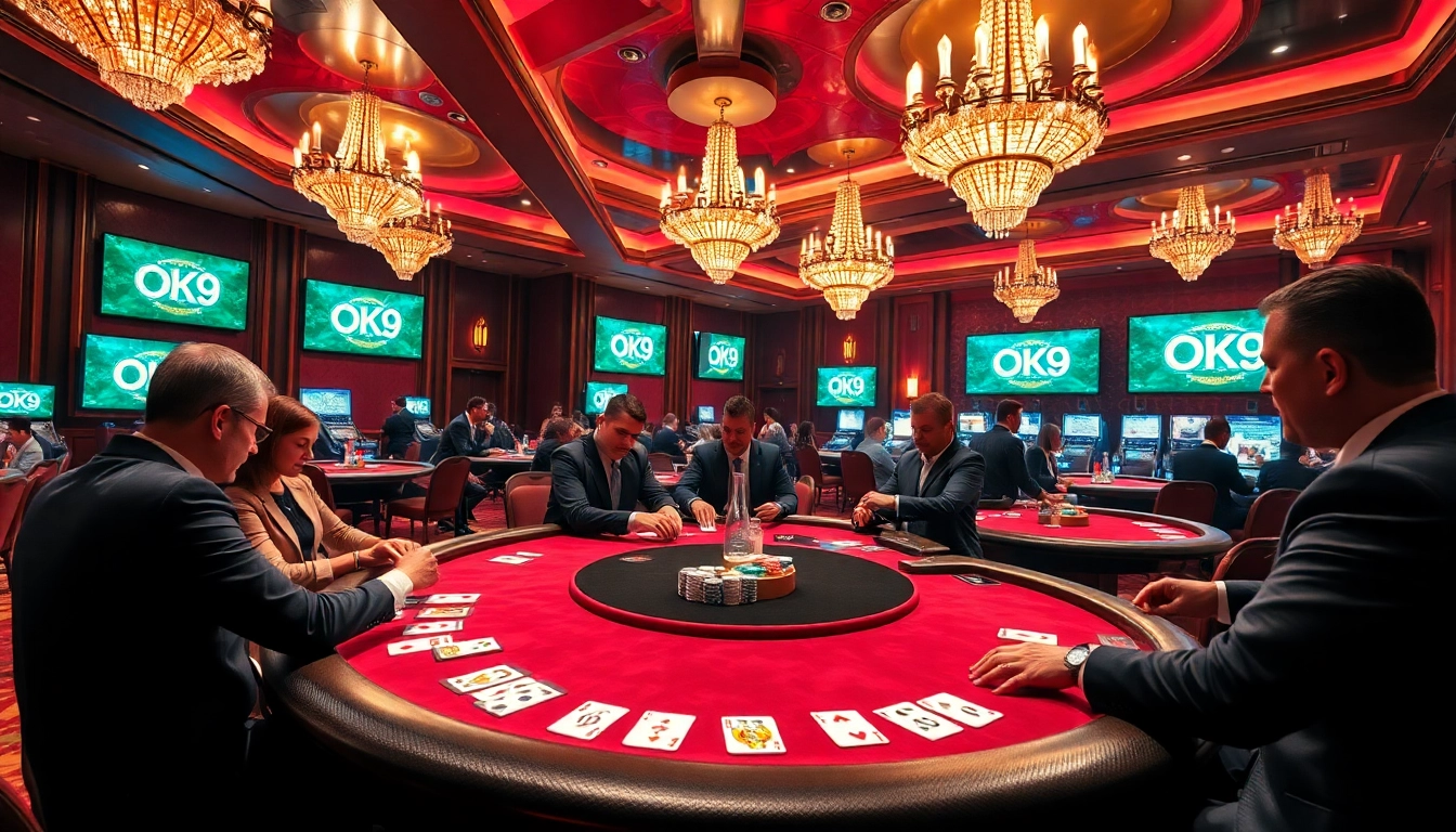 Players strategizing at an OK9-themed poker table in a luxurious casino setting.
