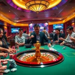 Sunwin gaming table with vibrant chips and cards in a luxurious casino setting