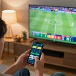 net88 user placing sports bets on smartphone during a live football match at home.