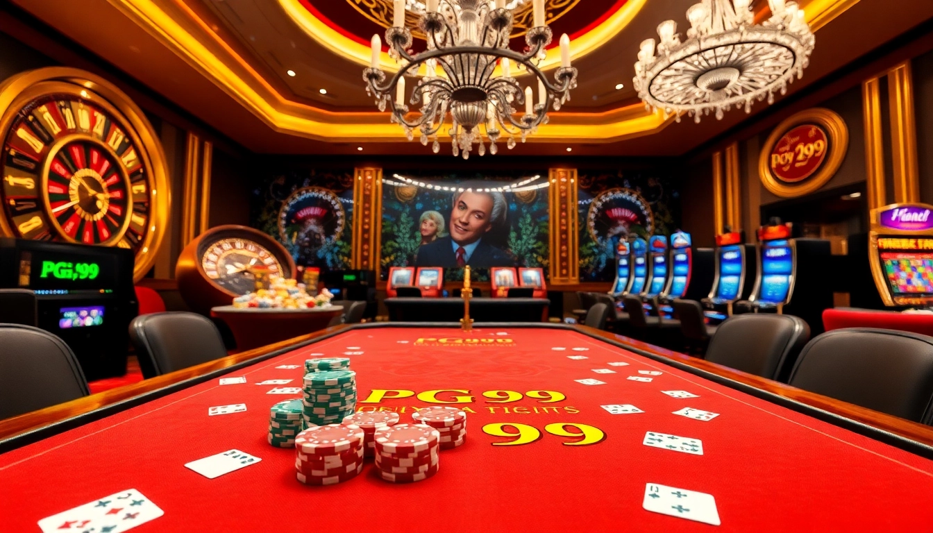 Experience PG99 gaming excitement at a luxurious casino table with vibrant chips.