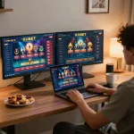 KUBET online gaming setup showing a player engaged with multiple casino games on a laptop.