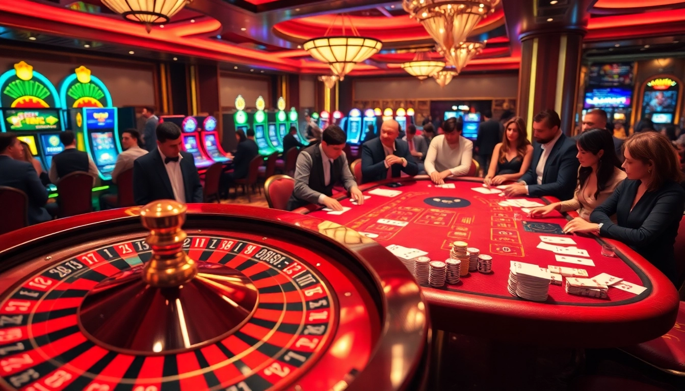 Casino gamblers enjoying lively games at 888b with vibrant roulette and blackjack tables.