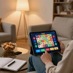 Player engaging with BGD33 Keno lottery game on tablet in a cozy home setting.