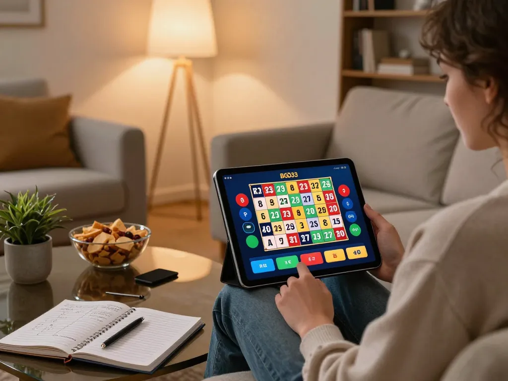 Player engaging with BGD33 Keno lottery game on tablet in a cozy home setting.