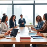 A law firm in the US showcasing diverse legal professionals collaborating in a modern office setting.