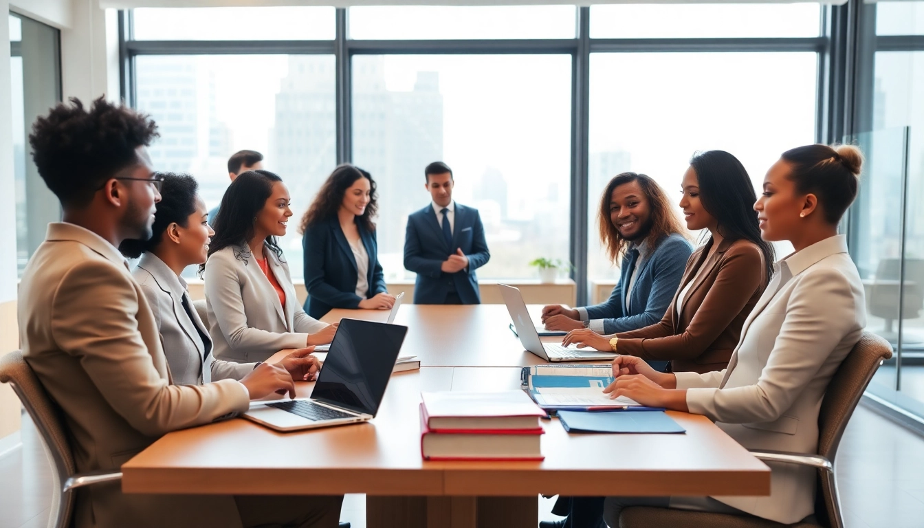 A law firm in the US showcasing diverse legal professionals collaborating in a modern office setting.