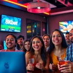 Engaged players enjoying 8kbet đăng nhập in a lively gaming lounge.