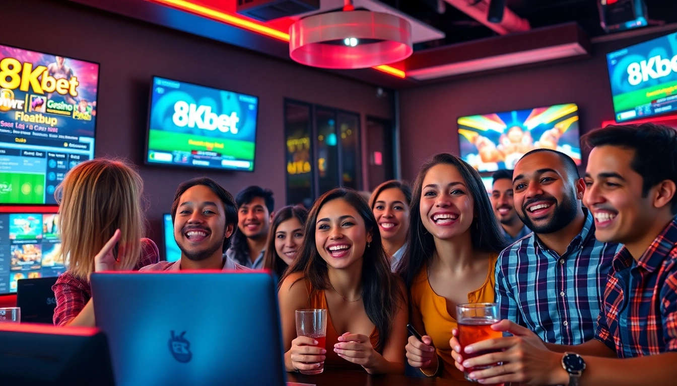 Engaged players enjoying 8kbet đăng nhập in a lively gaming lounge.