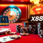 X88 offers an exciting online gaming experience with poker chips and roulette wheels in a luxurious setting.