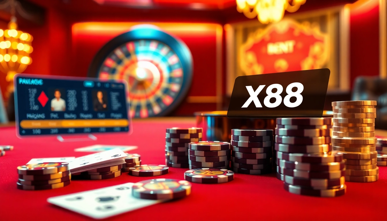 X88 offers an exciting online gaming experience with poker chips and roulette wheels in a luxurious setting.