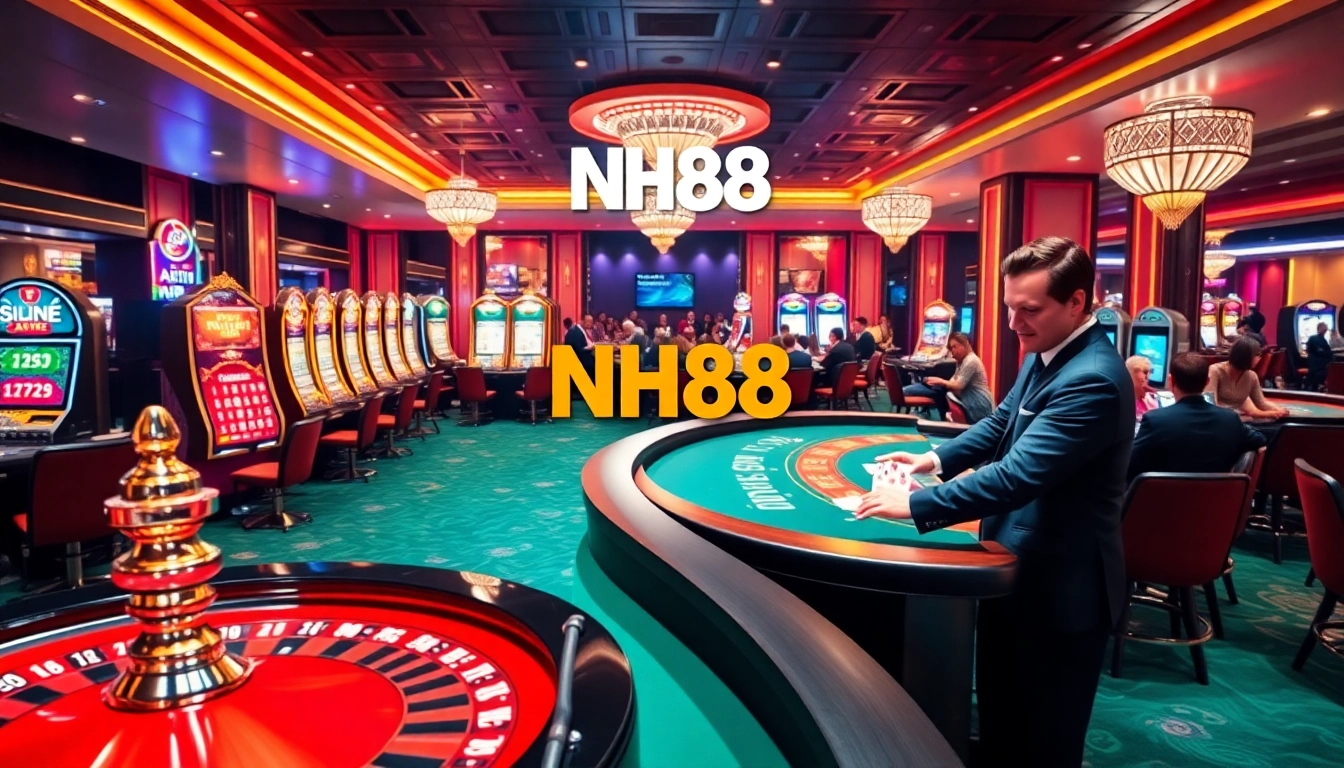 Experience the excitement of NH88 casino with engaging players at poker and roulette tables.