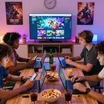 Friends enjoying online gaming together, highlighting tai rikvip experience with vibrant atmosphere and tech integration.