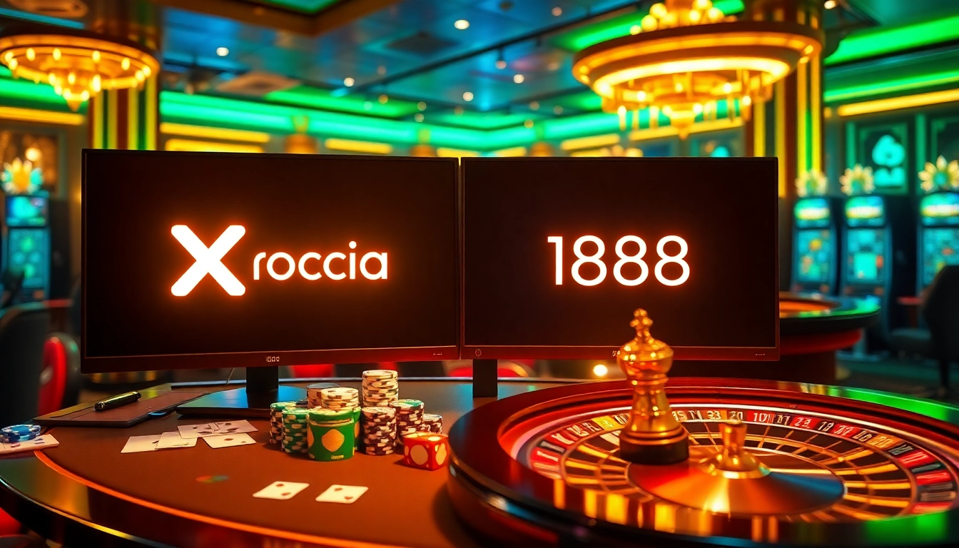 Xocdia88 online casino vibrant scene with poker chips, dice, and roulette wheel in action.