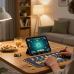 Player enjoying xóc đĩa online on tablet in cozy living room setup, capturing dynamic gambling action.