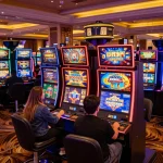 Players spinning slot machines and celebrating wins in a colorful casino layout.