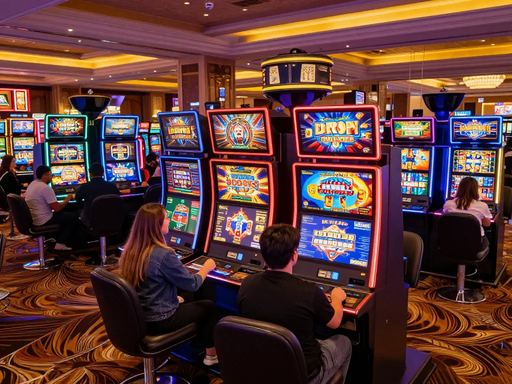 Players spinning slot machines and celebrating wins in a colorful casino layout.