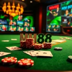 Players celebrating wins at a lively MM88 casino table with vibrant chips and cards.
