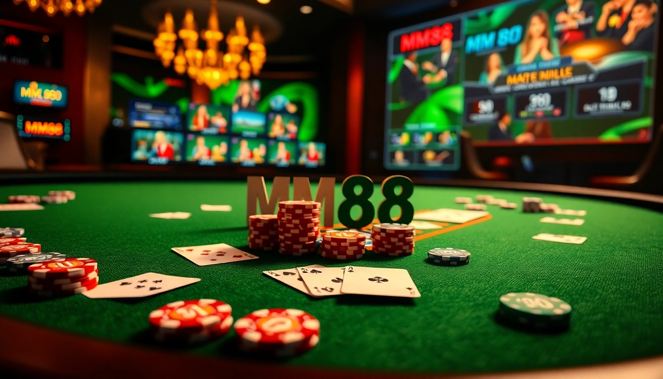 Players celebrating wins at a lively MM88 casino table with vibrant chips and cards.