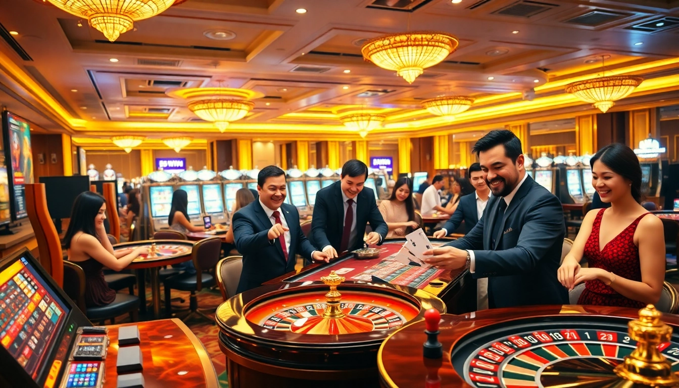 Players enjoying winning slots and table games at 58WIN casino, showcasing excitement and luxury.