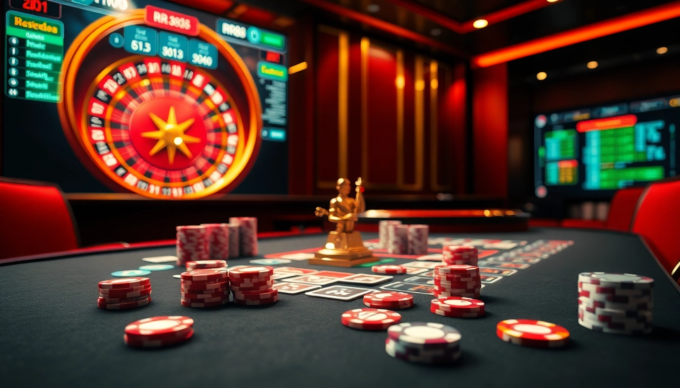RR88 Casino table with poker chips and a roulette wheel in a luxurious setting.