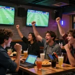 Exciting atmosphere of kèo nhà cái sports betting in a lively bar during a football match with friends.