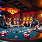 e2bet gaming excitement at a vibrant poker table with players and slot machines