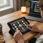 Engaging in slot terbaru online gaming session on a tablet, showcasing vibrant graphics and a cozy setup.
