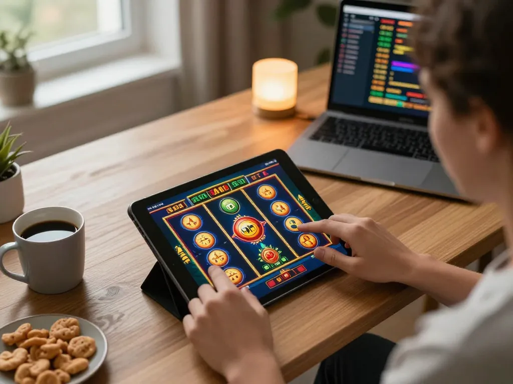 Engaging in slot terbaru online gaming session on a tablet, showcasing vibrant graphics and a cozy setup.