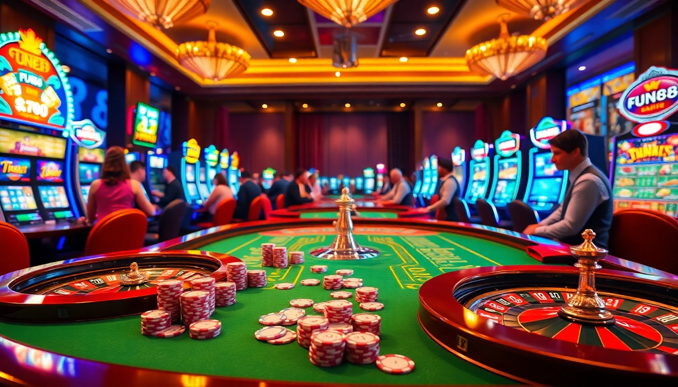 Engage in thrilling FUN88 casino experiences at a luxurious gaming table surrounded by excitement.