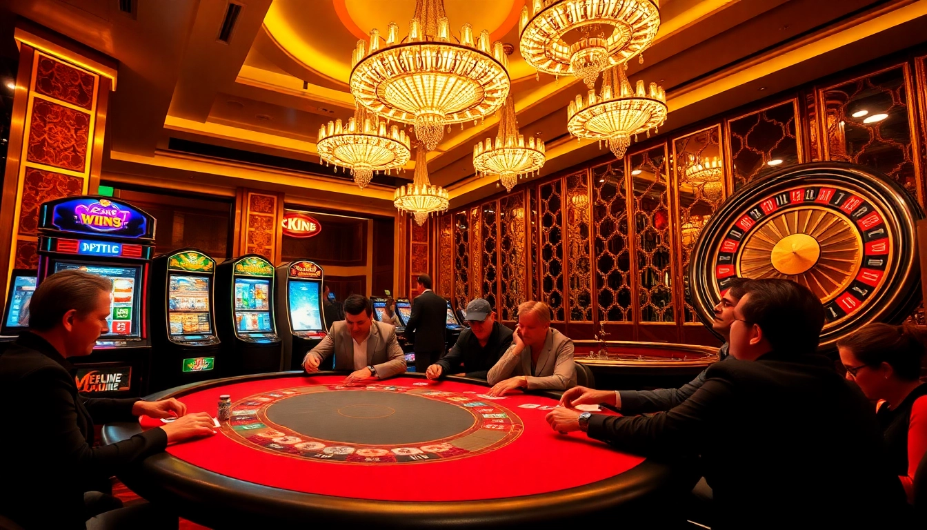 Players engaged in strategic poker at a vibrant casino with https://lu88bb.com/ branding.