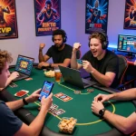 Exciting gaming setup with friends celebrating their RIKVIP wins