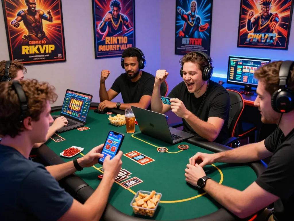 Exciting gaming setup with friends celebrating their RIKVIP wins
