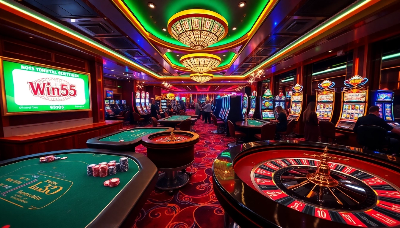 Experience the excitement of Win55 in a vibrant casino setting filled with roulette tables and colorful chips.
