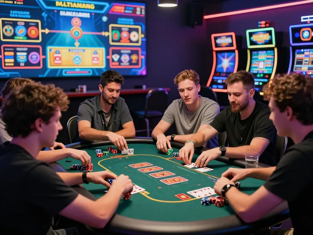 Players enjoying a vibrant gaming session at 789club casino, surrounded by cards, chips, and excitement.