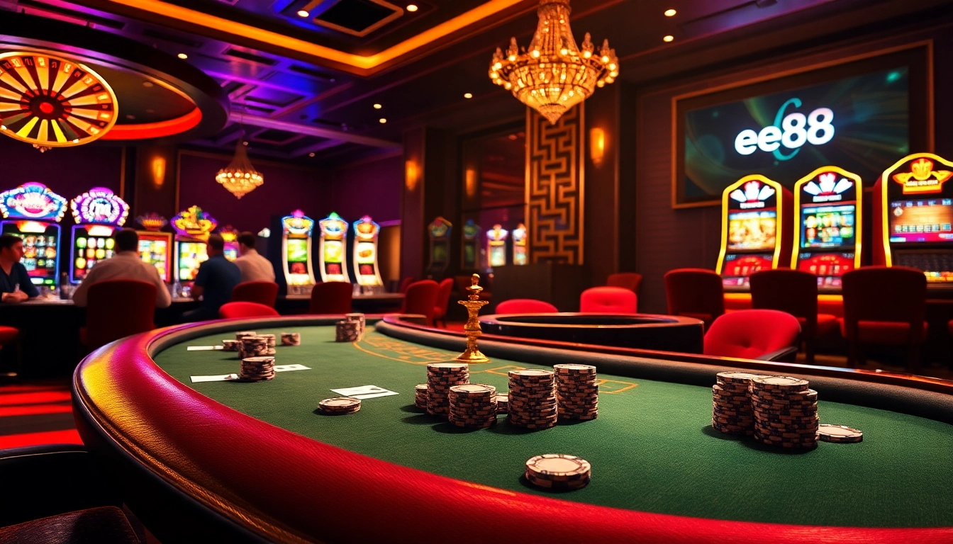 Players enjoying a thrilling game at ee88 casino with vibrant slots and poker tables.