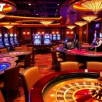 Exciting casino scene at F8BET with vibrant games, roulette wheel, and engaged players