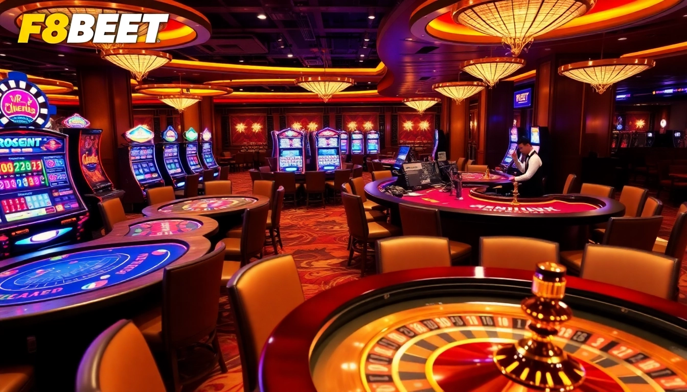 Exciting casino scene at F8BET with vibrant games, roulette wheel, and engaged players