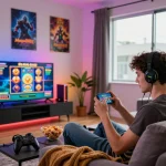 Mega888 APK original download vibrant gaming scene in a modern living room with a young adult focused on a smartphone, gaming accessories around.