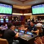 Five88's dynamic sports betting lounge with excited patrons cheering and placing bets.