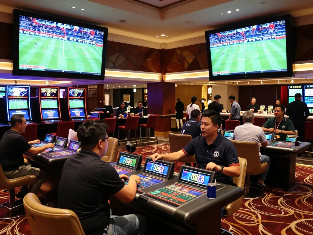 Five88's dynamic sports betting lounge with excited patrons cheering and placing bets.