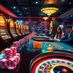 Players winning at AU88's vibrant online casino with poker chips and slot machines.